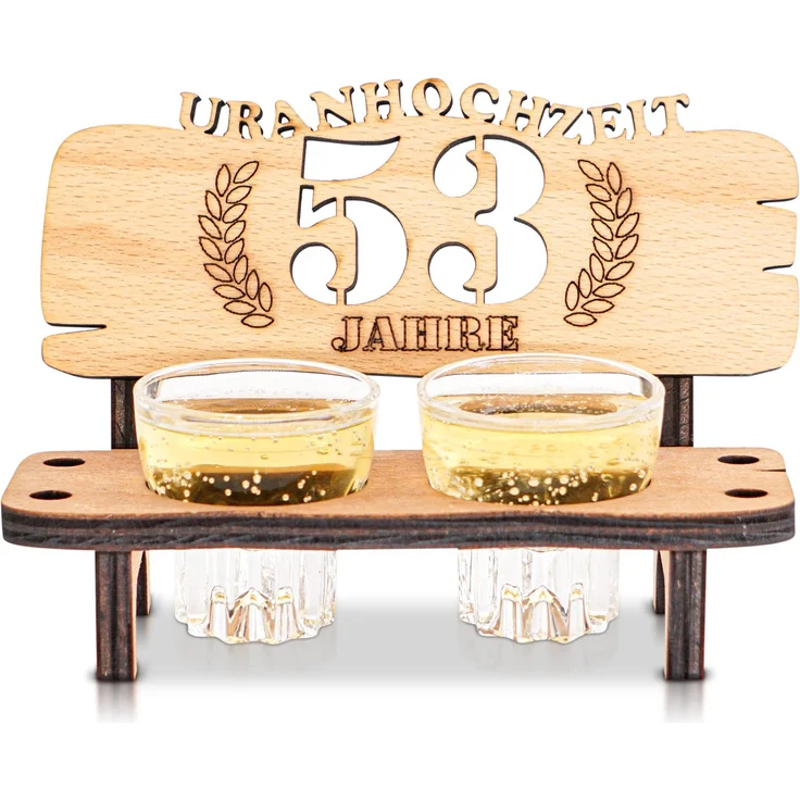 DARO Design - Schnapsbank 53. Hochzeitstag Uranhochzeit Geschenk Deko für Paare Männer Frauen aus Holz mit Gläsern