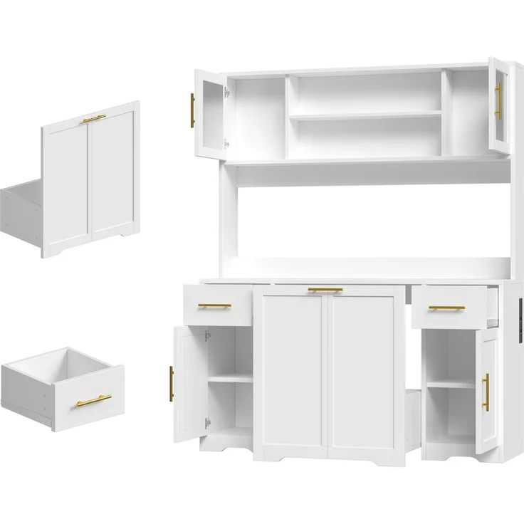 Küchenschrank, hoher Stauraumschrank mit Arbeitsplatte und Schubladen, Doppel-Mülleimerschrank mit ausziehbaren Abfalleimern, Vitrine für Wohnzimmer und Esszimmer, 173 × 140× 40 cm, Weiß--Weiß--140x40x173cm--YOUDENOVA – Bild 10