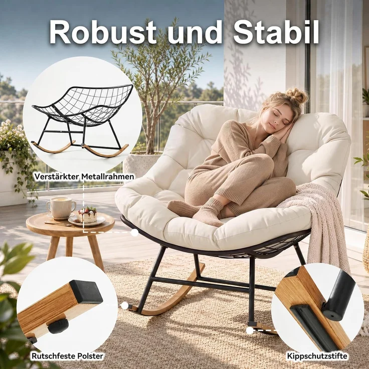Aoxun Schaukelstuhl Outdoor,Schaukelsessel für Indoor,Relaxsessel Garten,92.5x 104x77.5cm, Wetterfester Gartenstuhl Bequem,bis 150KG, Beige – Bild 2