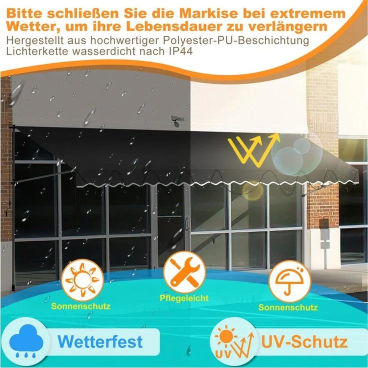 Clanmacy Klemmmarkise Klemmmarkise mit LED 300cm Balkonmarkise Markise mit Handkurbel Grau – Bild 4
