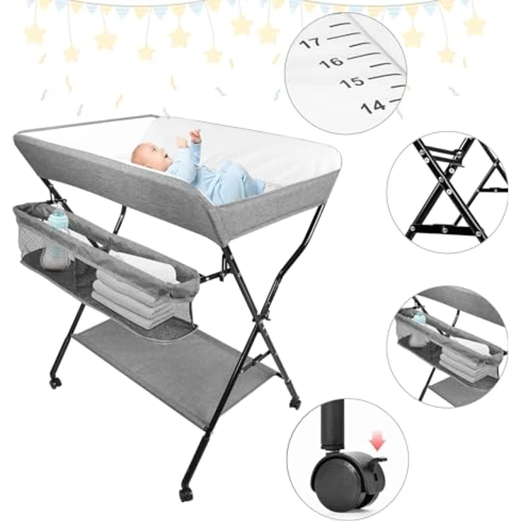 Wickelstation für Baby, Wickeltisch, faltbar, tragbar, Wickeltisch, faltbar, tragbar, mit Aufbewahrungskorb, maximale Belastung von 25 kg,86 x 62 x 96 cm (Grau) – Bild 4