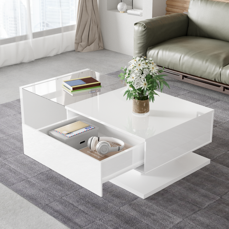 Couchtisch, Spanplatte mit Glasplatte & LED-Beleuchtung, 105x55x32,5 cm, Weiß Hochglanz – Bild 3