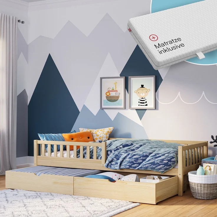 Bellabino 'Vils' Kinderbett 90x200 cm mit Matratze und großer Schublade, natur, Kiefer Massivholz, Montessori Bett mit Stauraum, mit abnehmbarem Rausfallschutz und Lattenrost – Bild 1