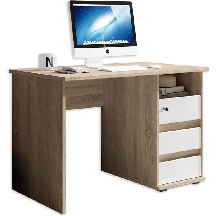 PRIMUS 1 Schreibtisch mit Schubladen, Sonoma Eiche Optik / Weiß - Bürotisch Computertisch fürs Homeoffice mit Stauraum und offenem Ablagefach - 110 x 75 x 65 cm (B/H/T)