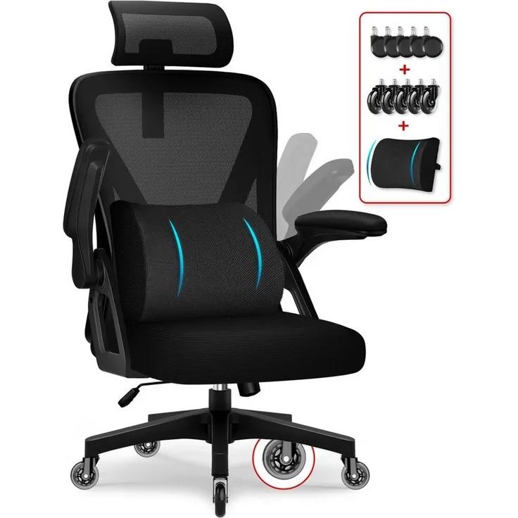 Homimaster Bürostuhl Ergonomisch, Kunstleder Schreibtischstuhl 90° Klappbaren Armlehnen (Schreibtisch Stuhl 90-120° Wippfunktion, Ergonomischer Bürostuhl mit Lendenwirbelstütze), Schreibstuhl Höhenverstellbar, 150kg Belastbar