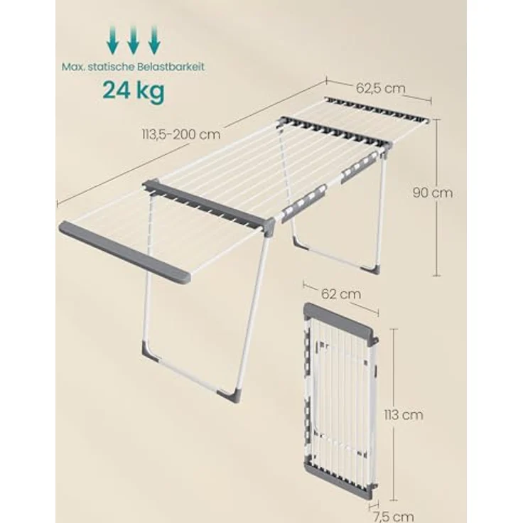 SONGMICS Wäscheständer, Standtrockner, ausziehbare Flügel, Flügelwäscheständer, 22 m Trockenfläche, Flügelwäschetrockner mit Sockenhalter, klappbar, perlweiß-Taubengrau LLR522WK01 – Bild 7