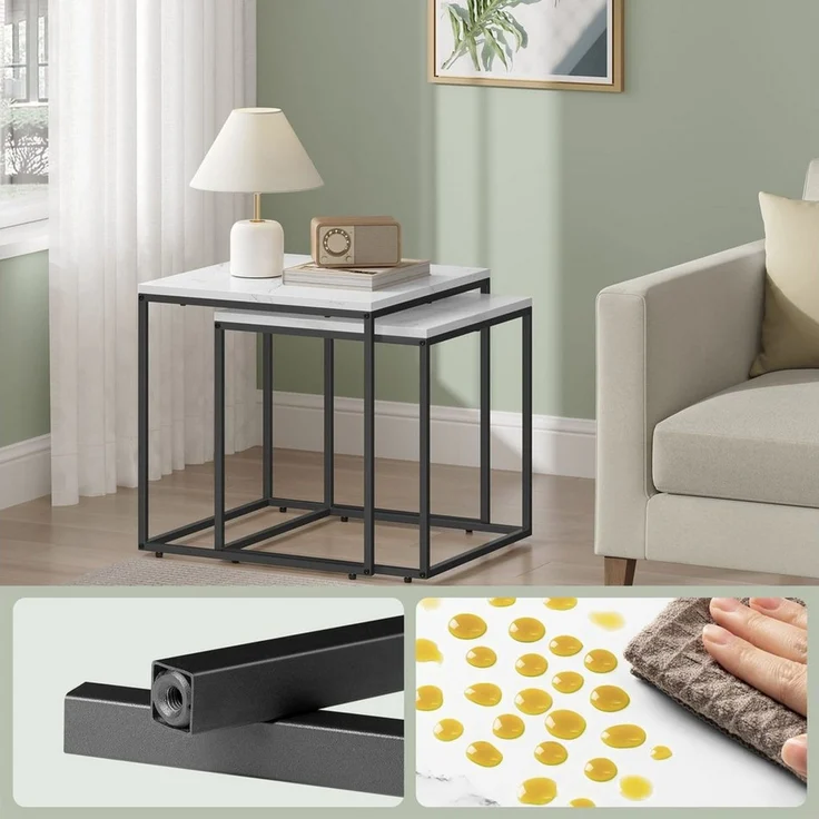 Home Collective Couchtisch 2er Set Beistelltisch Loft Design 2in1 Verschachtelung Wohnzimmer, kratzfeste Oberfläche 50&45cm Marmor Optik, schwarz Beinen quadratisch – Bild 3