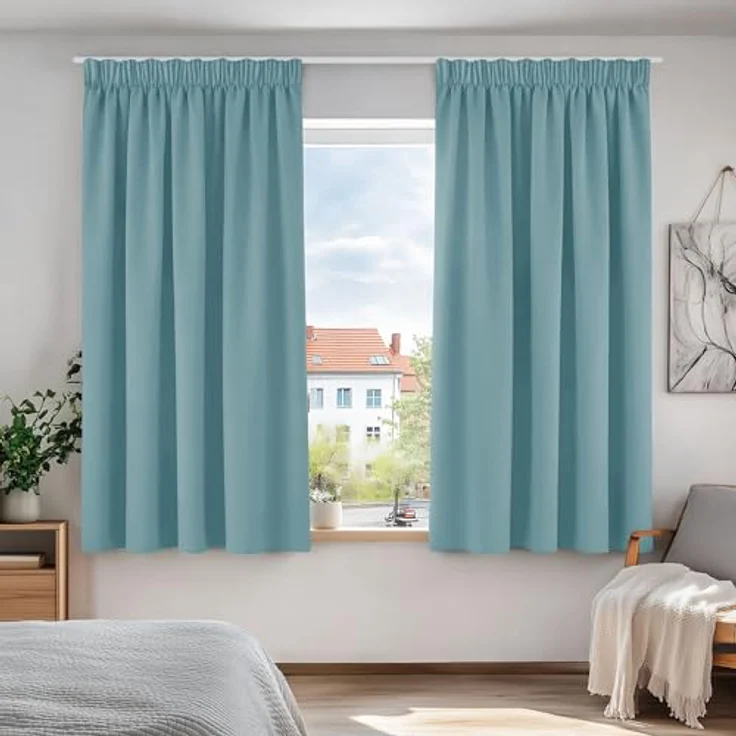 Deconovo Gardinen Kräuselband für Schienensystem Thermovorhang Himmelblau | 2er Set, H 138 x B 117 cm, Verdunklungsgardine, Kinderzimmer Vorhänge, Vorhänge Kurz, Blackout Curtain, Schallschutz Vorhang – Bild 1