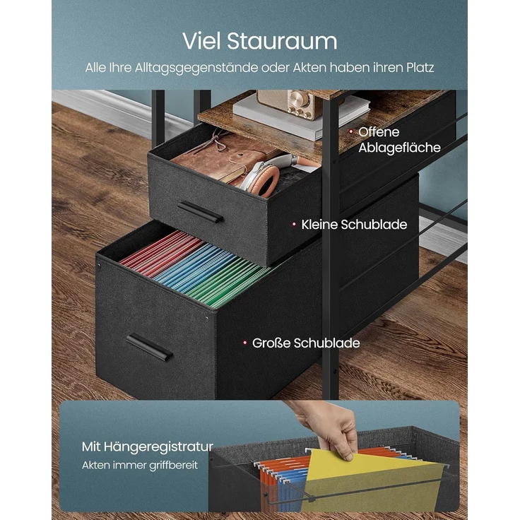VASAGLE Schreibtisch mit Stoff-Schubladen, Computertisch mit Monitorständer, LED-Beleuchtung, 55 x 135 x 90 cm, eingebaute Steckdosen, 2 USB-A-Anschlüsse, für Homeoffice, vintagebraun LWD094K02 – Bild 7
