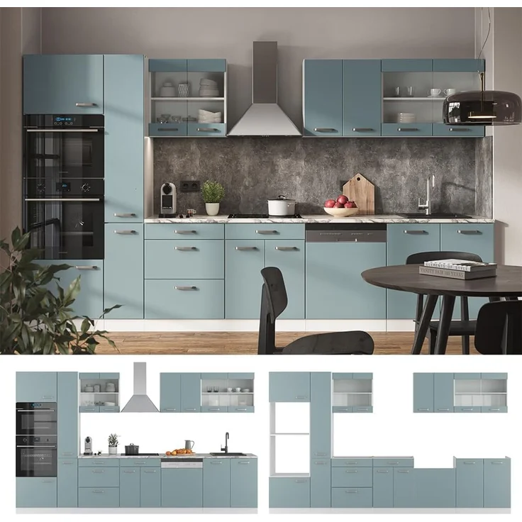Küchenzeile R-Line Blau-Grau/Weiß 350 cm mit Hochschrank, ohne Arbeitsplatte Vicco – Bild 8