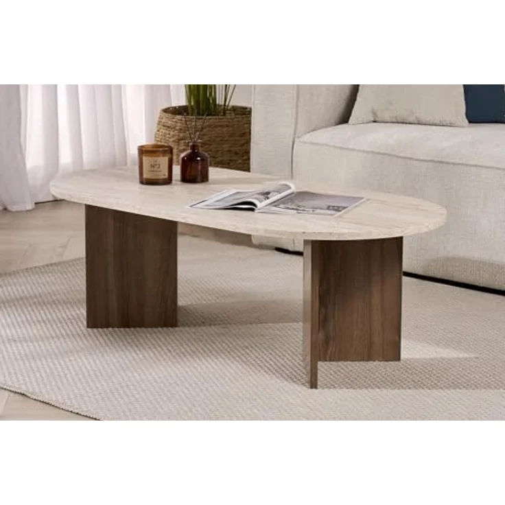 Modern Coffee Table, 119 x 40 x 60 cm, Travertine & Walnut Colors | 100% Melamine Coated Particle Board, 18 mm Thickness | Stylish & Functional Design for Contemporary Living Spaces – Bild 3