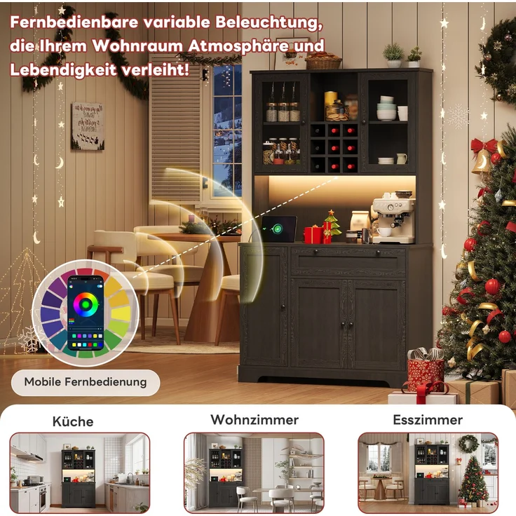 Küchenschrank, Hochschrank, Aufbewahrungsschrank, Vitrinenschrank mit Tür, integriertem Gewürzregal, verstellbaren Einlegeböden,mit farbwechselnder LED-Beleuchtung und Steckdose, 180 × 105 × 40 cm--Schwarz--105x40x180cm--YOUDENOVA – Bild 3