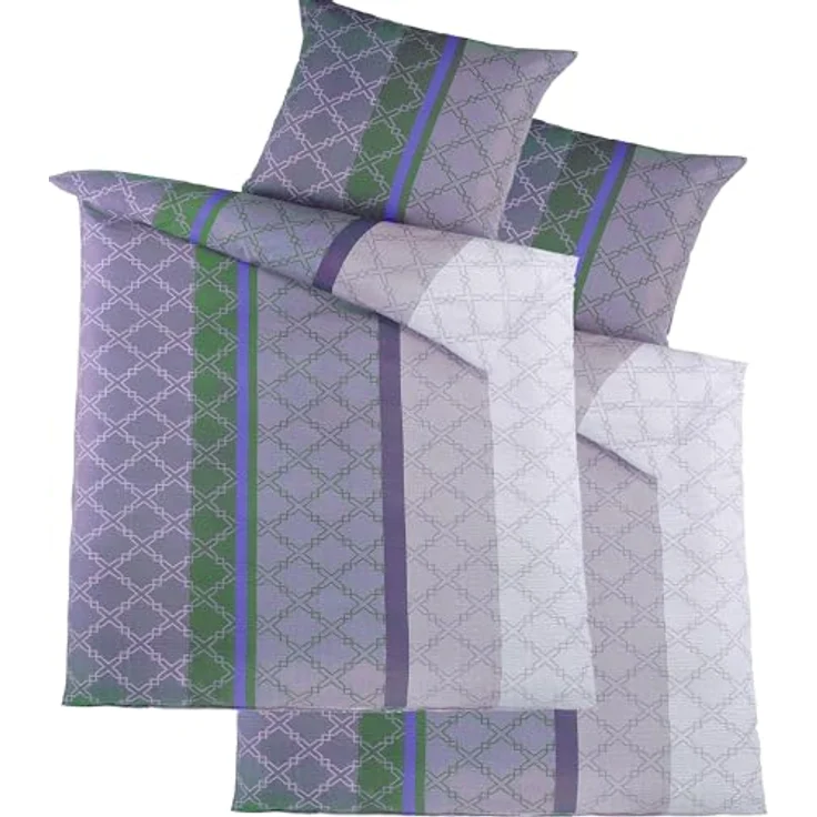 KH-Haushaltshandel Bettwäsche 4-tlg. Seersucker Bettwäsche 2x (135x200 +80x80cm), Seersucker, 4 teilig, grau grün blau flieder, gemustert/Streifen, bügelfrei – Bild 2