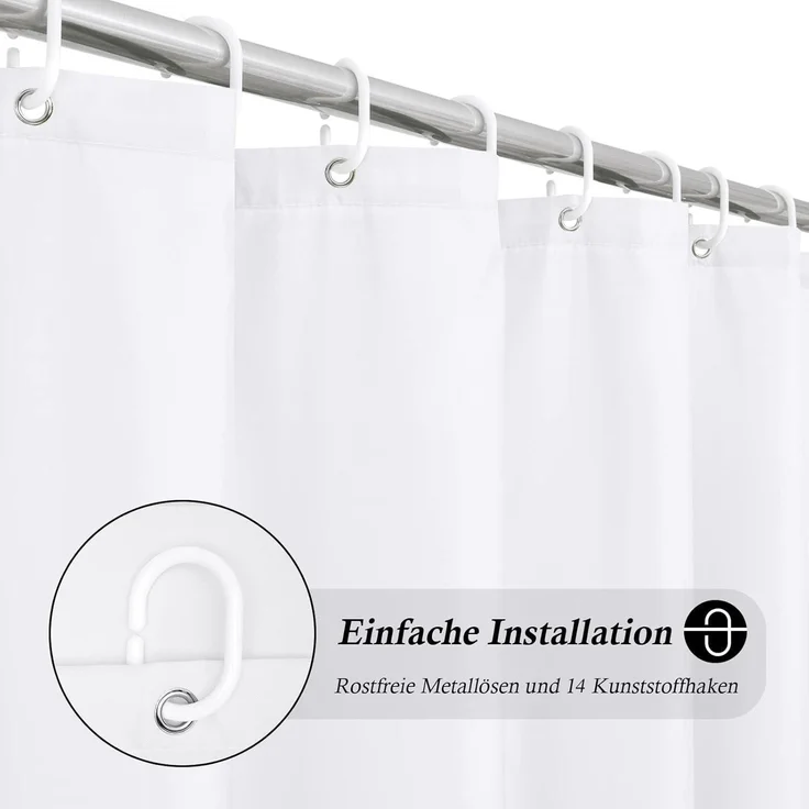 Duschvorhang Überlänge Stoff 200x240cm Weiß Anti-Schimmel Wasserdicht mit 14 – Bild 2