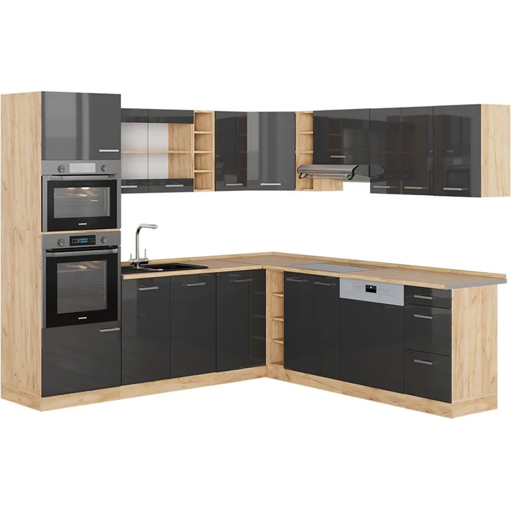 Eckküche R-Line Anthrazit Hochglanz/Goldkraft Eiche 247 x 46 cm ohne Arbeitsplatte Vicco