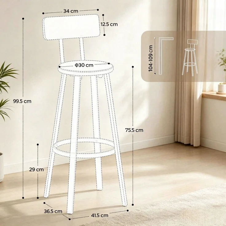 2‑er‑Satz Barstühle,Barhocker, Barhocker mit Rückenlehne und Fußstützen, 75,5 cm Sitzhöhe, Sitzpolster,für Theke und Küchenbar(nur mit 2pcs Barstühle)--Eiche, Weiß--41.5x36.5x99cm--YOUDENOVA – Bild 6