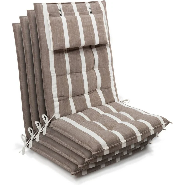 Beautissu Hochlehnerauflage 4er Set Sun-HL Hochlehner Auflage 120x50x8cm Beige-Weiß-Gestreift, Mit Kopfpolster, rutschfest & robust – Befestigungsbänder, UV 5 – Bild 1