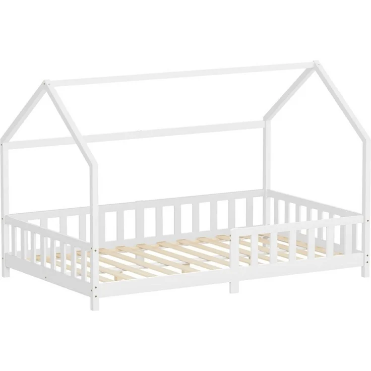 ML-DESIGN Spielbett Hausbett Kinderbett inkl. Lattenrost kreativ Bodenbett für Kinder, Abenteuerbett zum Spielen mit Rausfallschutz Kiefer Weiß Himmelbett – Bild 1