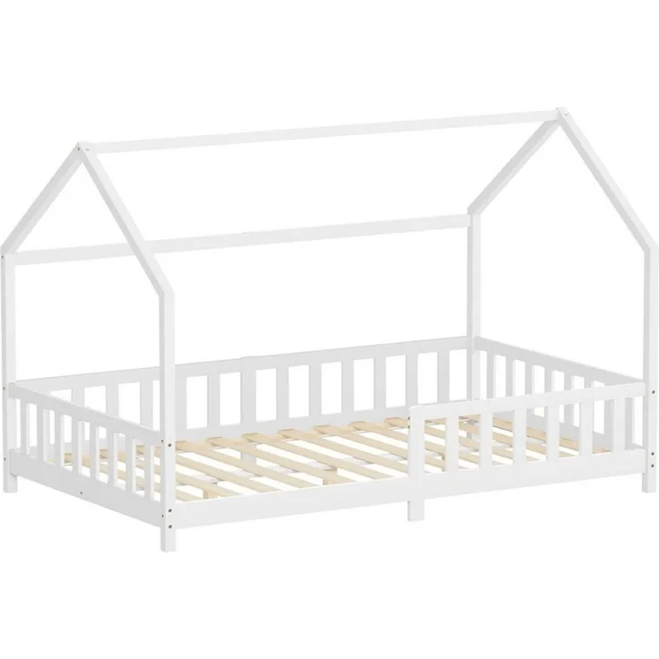 ML-DESIGN Spielbett Hausbett Kinderbett inkl. Lattenrost kreativ Bodenbett für Kinder, Abenteuerbett zum Spielen mit Rausfallschutz Kiefer Weiß Himmelbett