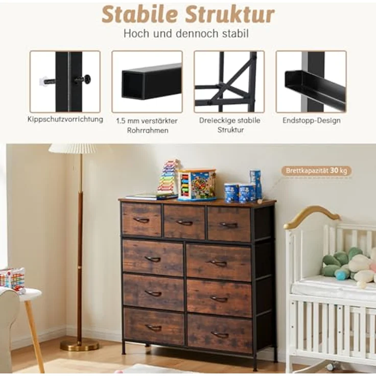 DUMOS Kommode mit Schubladen - Kommoden&Sideboards für Schlafzimmer Geeignet, Komodenschrank mit 9 Schubladen, Stoffkommode mit Stabilem Stahlrahmen, Ideal für Schlafzimmer, Wohnzimmer (Vintagebraun) – Bild 7