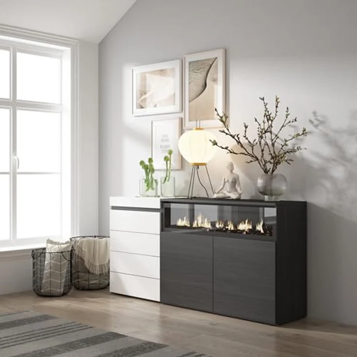 Skraut Home | Kommode mit Schubladen | Aufbewahrungsschrank | 157 x 75 x 35 cm | Für Schlafzimmer, Zimmer | Elektrokamin. | Moderner Stil | Weiß und Schwarz – Bild 3