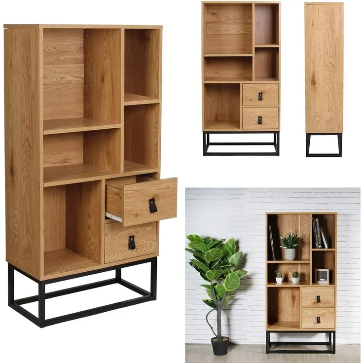 CaliCosy Bücherregal mit 2 Schubladen 5 Ablagen H120 cm - Helles Holz – Bild 9