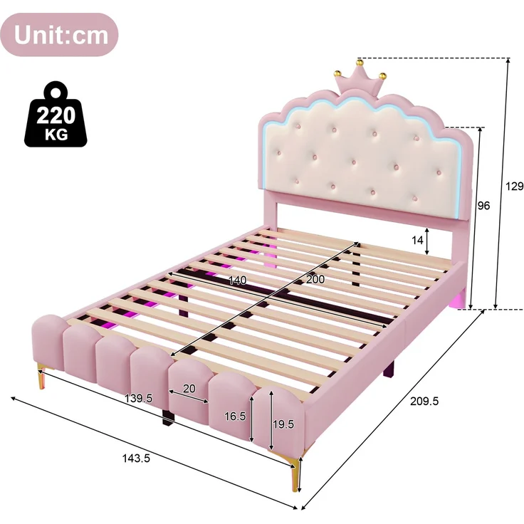 Prinzessinnenbett Kinderbett 140x200 rosa mit LED-Ambientebeleuchtung Metallfüße Kunstleder Polsterbett – Bild 5
