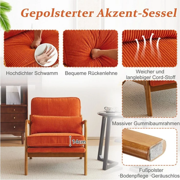 VINGLI Cocktailsessel, Moderner loungesessel, Sessel mit Massivholz, Lesesessel, bis 200 kg belastbar, Cord-Stoff – Bild 3