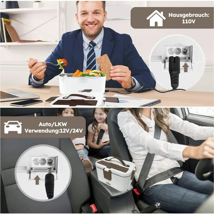 MOPUEA Elektrische Lunchbox Elektrische Lunchbox4in1 75W Auto&Zuhause, auslaufsicher,inkl. Besteck, (Elektrische Lunchbox mit Heizelement für Zuhause, Auto und LKW, 1-tlg, 4-in-1 elektrisch beheizte Lunchbox mit 1.8L Behälter und Fächern), Schnelles Au... – Bild 3