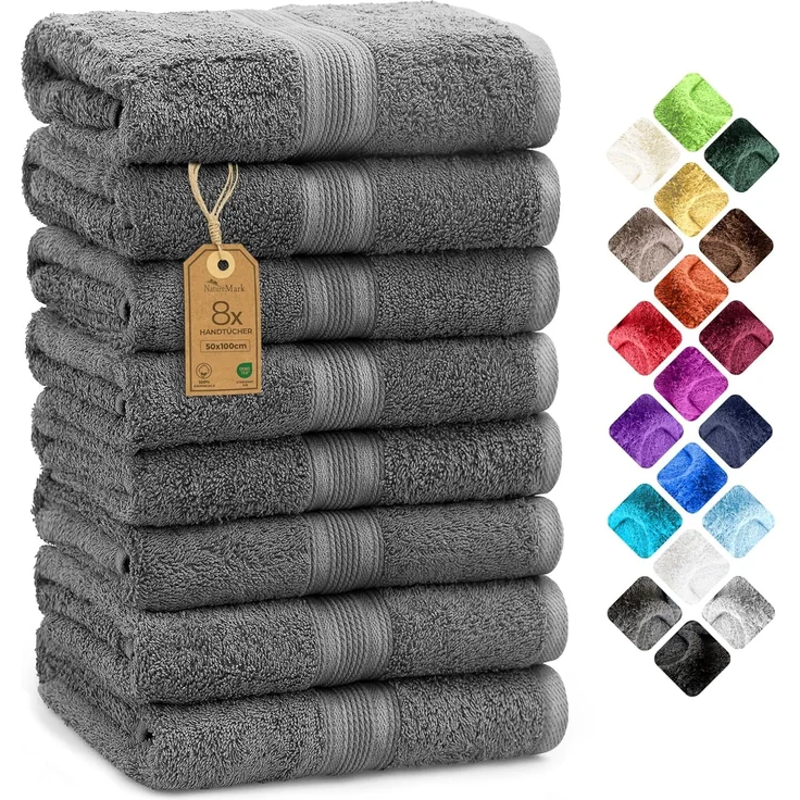 NatureMark 8er Pack Frottier Handtücher 50x100 cm, 100% Baumwolle, Anthrazit grau, 50x100 cm
