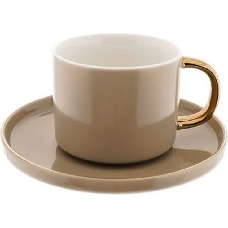 Mulex Kaffeeservice Porzellan-Kaffeetassen 200ml, 12-tlg. Set mit goldenem Henkel und Unterteller für 6 Personen, Braun mit Goldumrandung