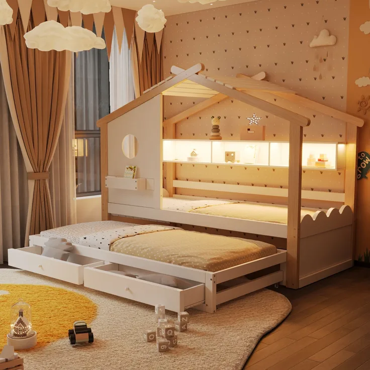 Merax Kinderbett, Jugendbett, 90x200cm, mit Ausziehbett 90x190cm, mit 2 Schubladen, mit USB- und Typ-C-Ladeanschlüssen und LED, mit Einlegeböden, Weiß + Natur