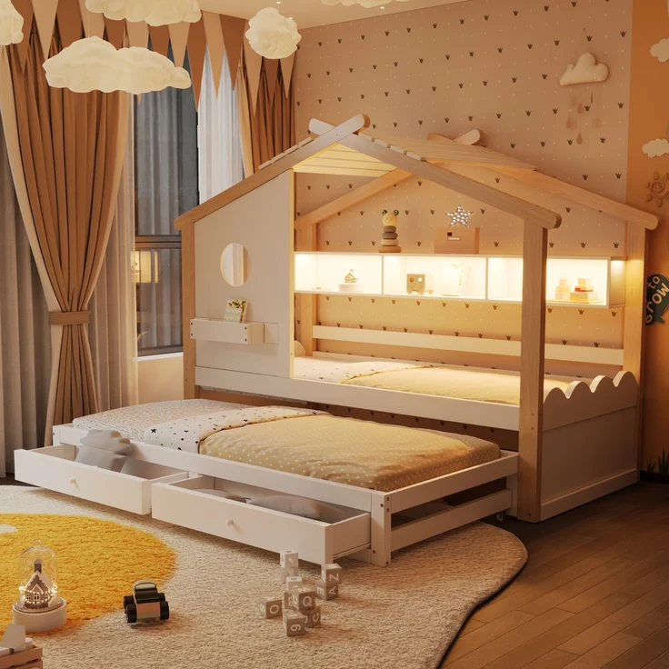 Merax Kinderbett, Jugendbett, 90x200cm, mit Ausziehbett 90x190cm, mit 2 Schubladen, mit USB- und Typ-C-Ladeanschlüssen und LED, mit Einlegeböden, Weiß + Natur – Bild 1