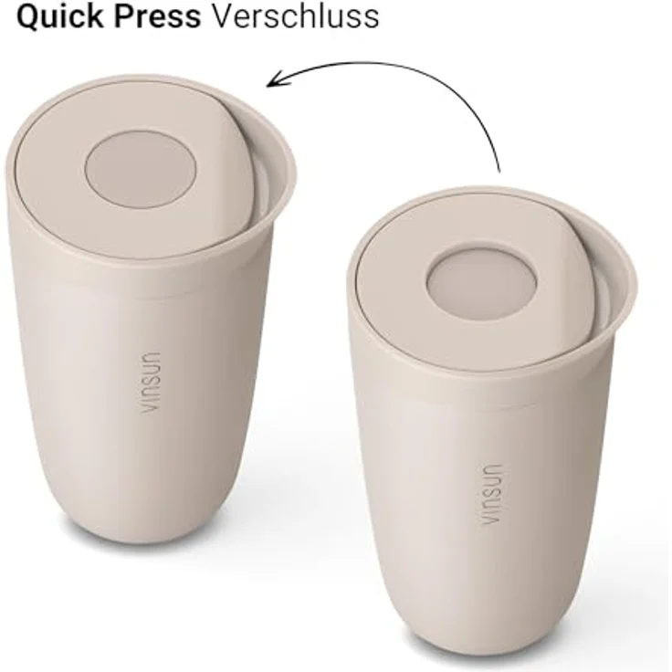 Vinsun Thermobecher Edelstahl Isolierbecher 350ml - Kaffeebecher to Go auslaufsicher, 2-tlg, Edelstahl, Doppelwandig, BPA frei, bruchfest, Einhandbedienung per Knopfdruck – Bild 4