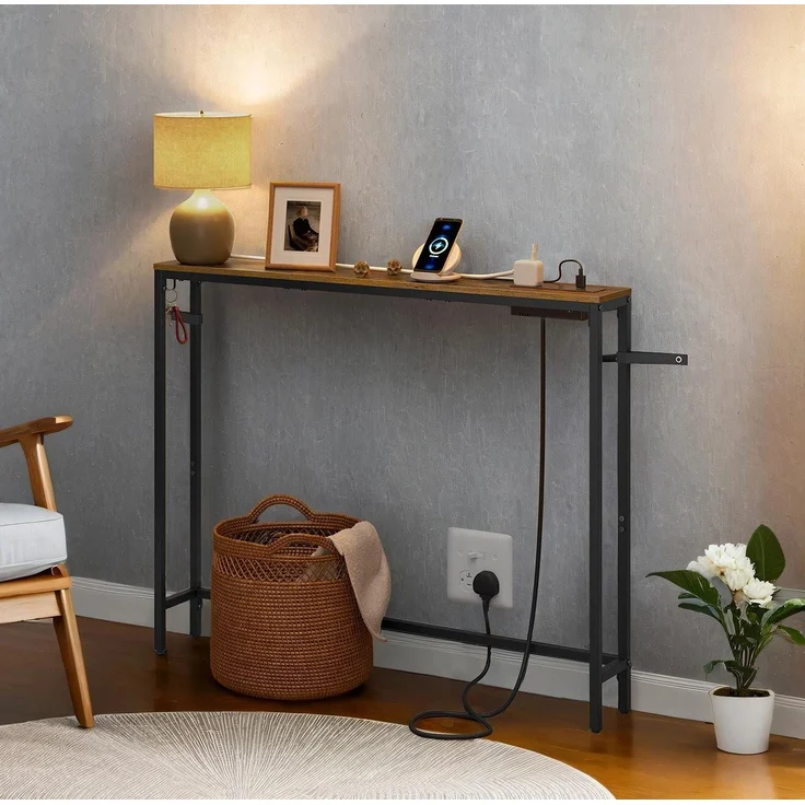 VASAGLE Konsolentisch mit Ladestation, schmaler Sofatisch, Flurtisch, 15 x 100 x 80 cm, mit Haken, einfache Montage, für Flur, Wohnzimmer, vintagebraun-tintenschwarz