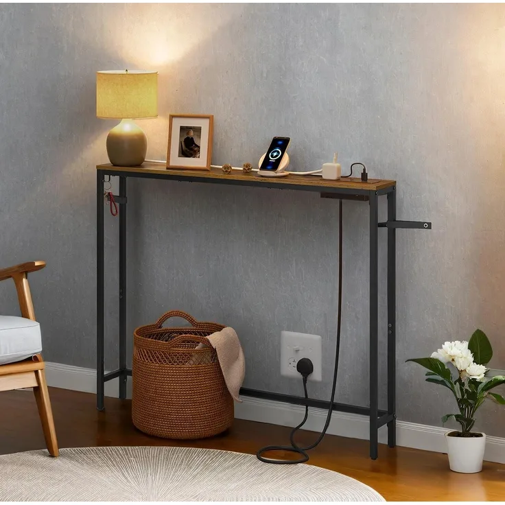 VASAGLE Konsolentisch mit Ladestation, schmaler Sofatisch, Flurtisch, 15 x 100 x 80 cm, mit Haken, einfache Montage, für Flur, Wohnzimmer, vintagebraun-tintenschwarz