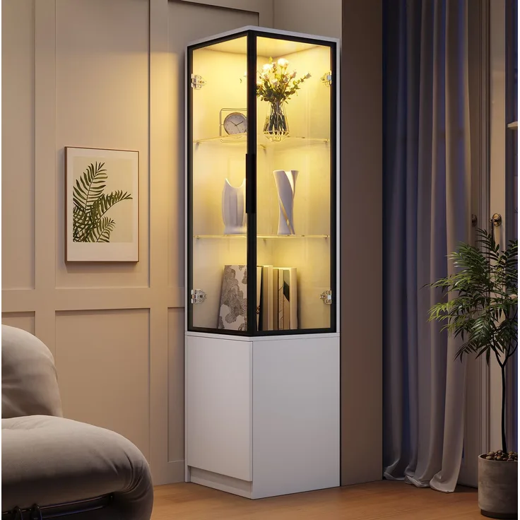 Eckvitrine 40 x 40 x 160 cm mit Glasfront, Stauraum und App-gesteuerter LED-Beleuchtung