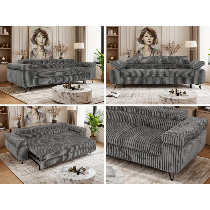 Polstersofa PETER, Sofa 3-Sitzer mit Schlaffunktion, verstellbaren Armlehnen und Kopfstütze, Gepolsterte Couch, Wellenfeder - Dunkelgrau Cord – Bild 2
