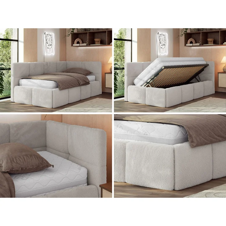 Jugendbett 90x200 ARVO Polsterbett mit Bettkasten, Stauraum & Gasdruckfeder, Modernes Design mit Kopfteil, Foam Matratze - Hellgrau Plüsch - MIRO LUX - Rechts Seite – Bild 2