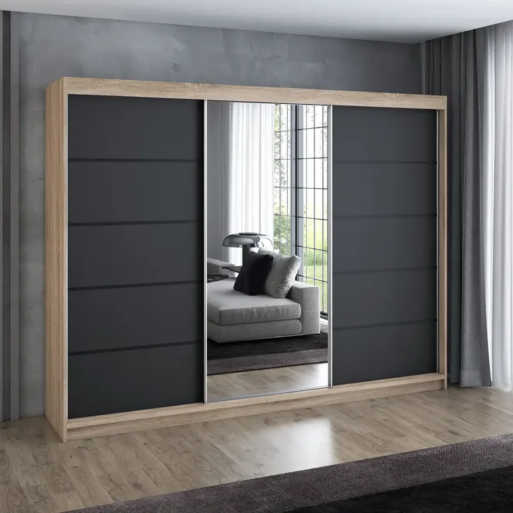 A&J MöbelLand 'Viluno 2' Schwebetürenschrank mit 4 Schubladen und Spiegel, Spanplatte, 215 x 59,5 x 200 cm, Schwarz / Schwarz / Natur – Bild 2