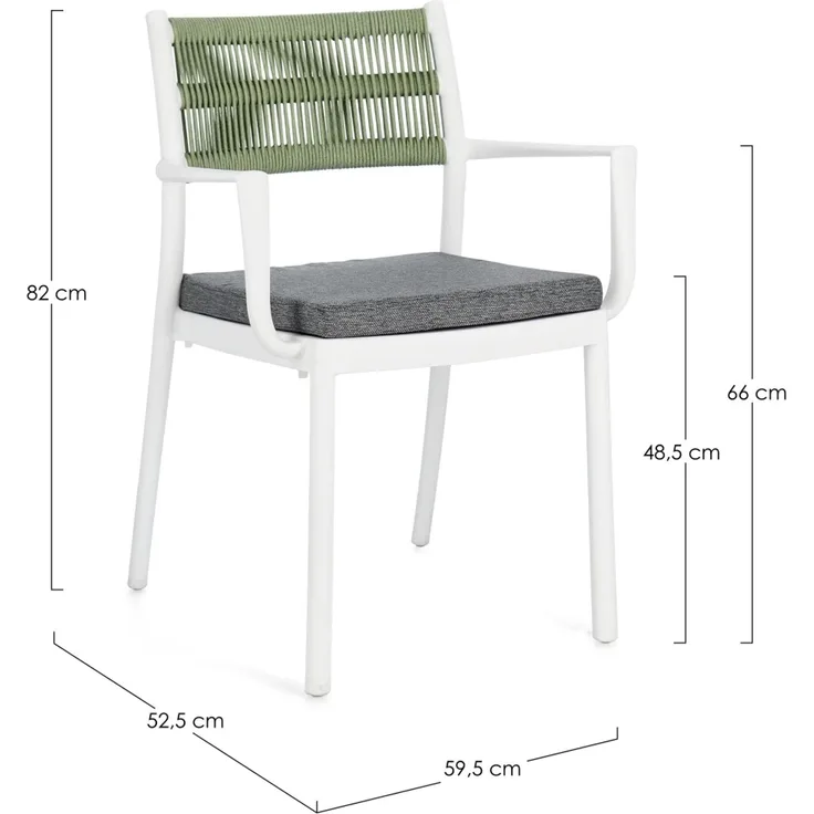 Gartenstuhl Alvin mit Armlehne, Metall und wasserabweisendes Kissen, modern, Weiß Grün, stapelbar