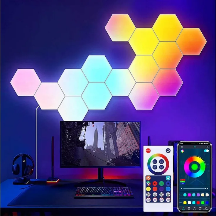 Lapamax LED Wandleuchte Modulare RGBIC LED-Wandpaneele mit Bluetooth-App und Musikmodus, Farbwechsel, dimmbar, Musiksynchronisation und Timer, LED, RGBIC, mehrfarbig, Sechseckige Lichtmodule frei kombinierbar, mit Fernbedienung und USB