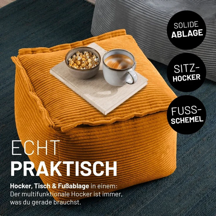 Lumaland Sitzsack-Sofa, Polyester, Pouf, Cord - Senfgelb, 40 x 54 x 54 cm – Bild 7
