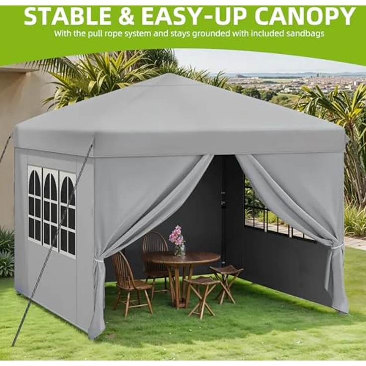YITAHOME Pavillon mit Seitenwänden, 3x3 m wasserdichte zusammenklappbares Garten Vordach, Ganzjahres Camping Pavillon UV-Schutz mit Heringen,Seil,Tragetasche,Gewichtsbeuteln Veranstaltungen,hellgrau – Bild 4