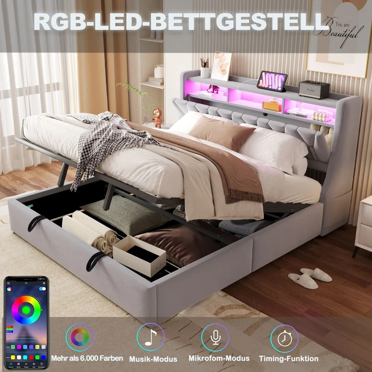 U-life Polsterbett 180x200 cm, fürs Schlafzimmer, hydraulischer Stauraum, klappbar, Steckdose und Ablagefach, LED-Beleuchtung, Sperrholz, Hellgrau – Bild 5