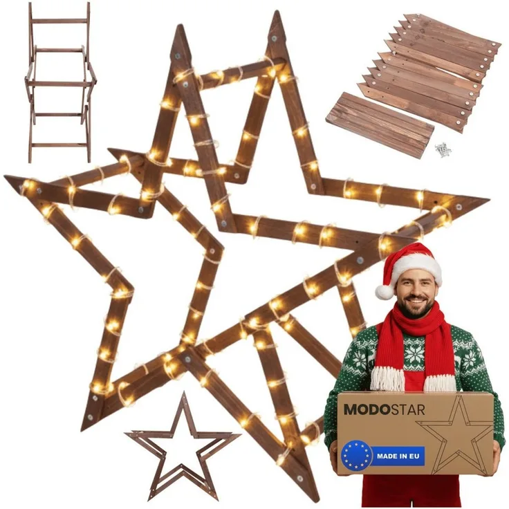 Modo24 Dekostern DIY MODOSTAR Weihnachtsstern Set aus FSC Holz 2D und 3D in 3 Breiten, zum Garten & Terrasse, wetterfest, faltbar & stabil, Weihnachtsdeko