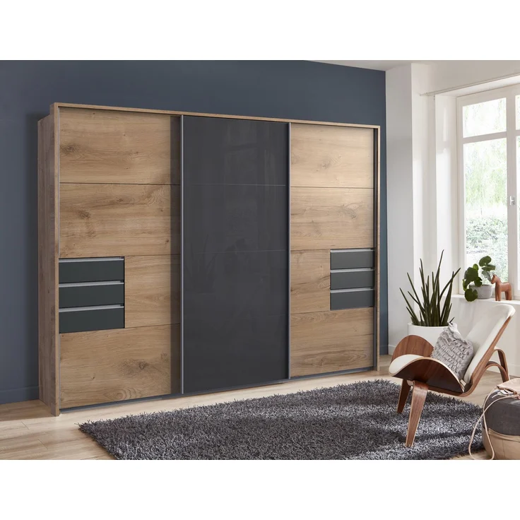 Schwebetürenschrank Kleiderschrank 3trg 273cm Eiche Dekor,Glas Grau Passepartout – Bild 3