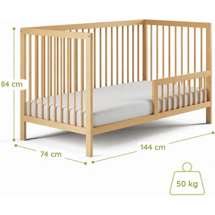 Kids Collective Babybett Kinderbett Gitterbett Baby Bett mit Rausfallschutz 60x120 70x140, stabiles Buchenholz, made in Europe 70x140 cm Natur – Bild 3
