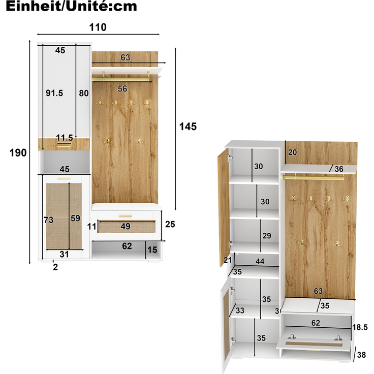 Garderoben-Set mit Spiegel, LED-Beleuchtung und Sitzbank, 110x38x190 cm, Weiß/Holz – Bild 7