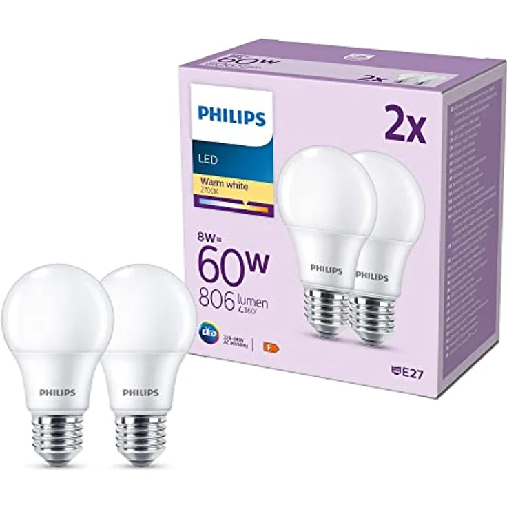 Philips LED classic Lampe 60W E27 Warmw 806lm Plaste weiß 2erP – Bild 2